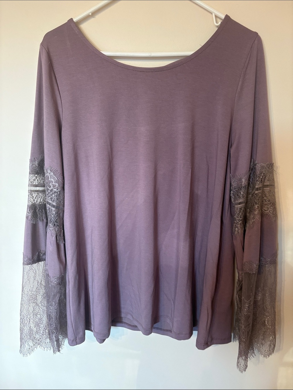 Scoop Neck Long Sleeve Top with Lace Bell Sleeves - Mauve